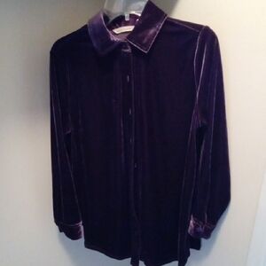 Womans S Soft Surroundings Purple Velvet 3/4 Sleeve Notched Collar Shirt